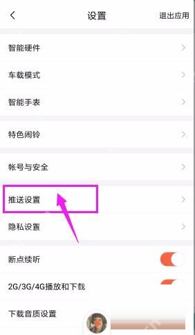喜马拉雅中文手机界面:设置页面中的推送设置入口
