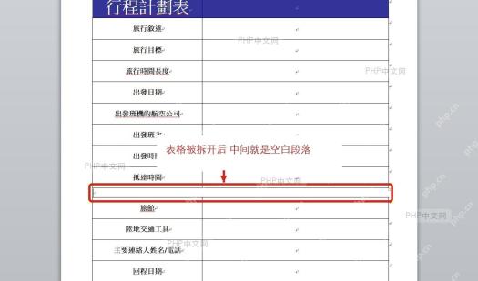 Word 表格拆分后中间出现可输入内容的空白段落