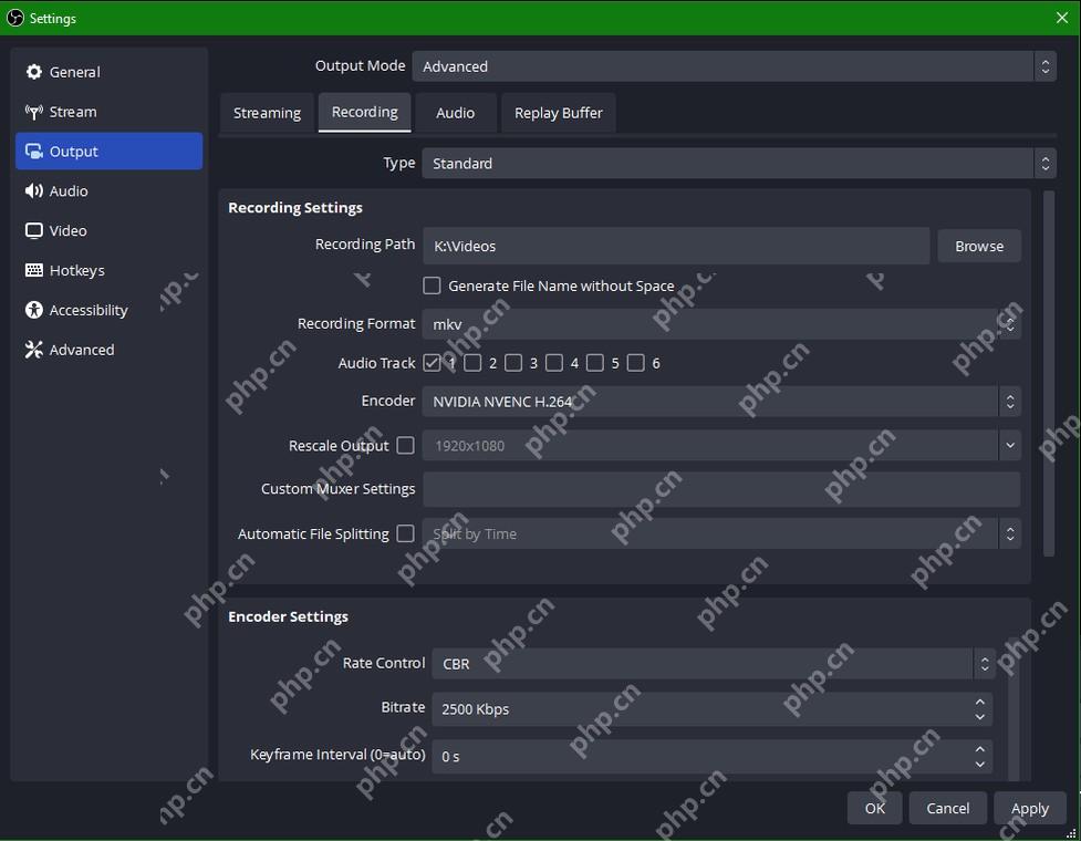 OBS Studio Advanced Recording 设置页显示 NVIDIA NVENC 编码器和码率参数