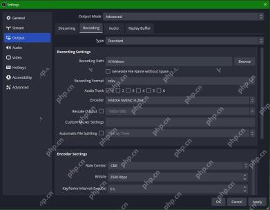OBS Studio Advanced Recording 设置页显示 NVIDIA NVENC 编码器和码率参数