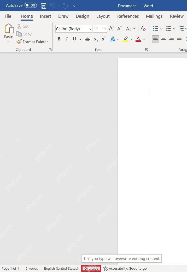 Word 状态栏显示 Overtype,提示当前输入会覆盖已有内容