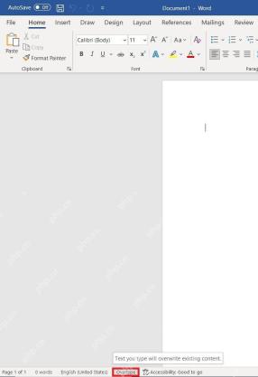 Word 状态栏显示 Overtype，提示当前输入会覆盖已有内容