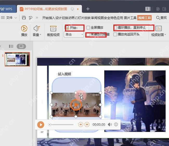 WPS演示视频工具里设置开始和循环播放选项