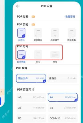 夸克扫描王 PDF 设置页可选择自动方向和页面尺寸