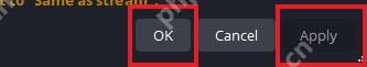 OBS Studio 设置窗口底部 Apply 和 OK 按钮用于保存录制格式