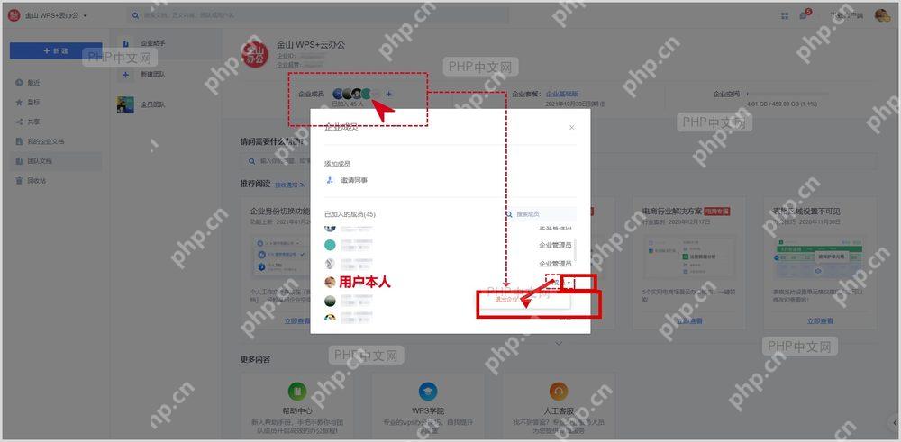 WPS 企业成员角色下拉与退出企业按钮