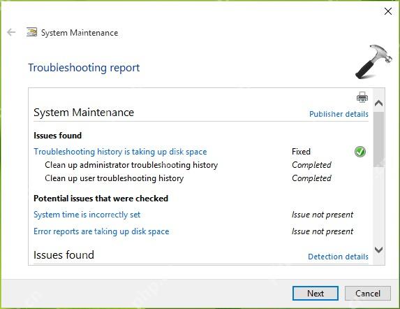 Windows 系统维护疑难解答报告显示已检查的维护项目