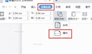 纸张方向下拉菜单展开状态,清晰显示'纵向'和'横向'两个选项