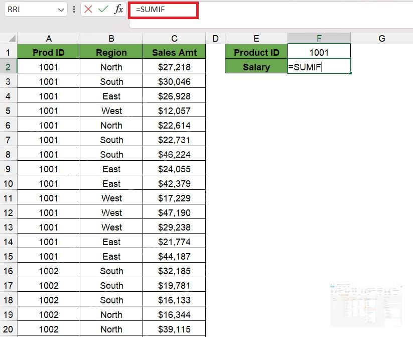 Excel 单元格 F2 输入 SUMIF 函数名称，公式栏显示 =SUMIF
