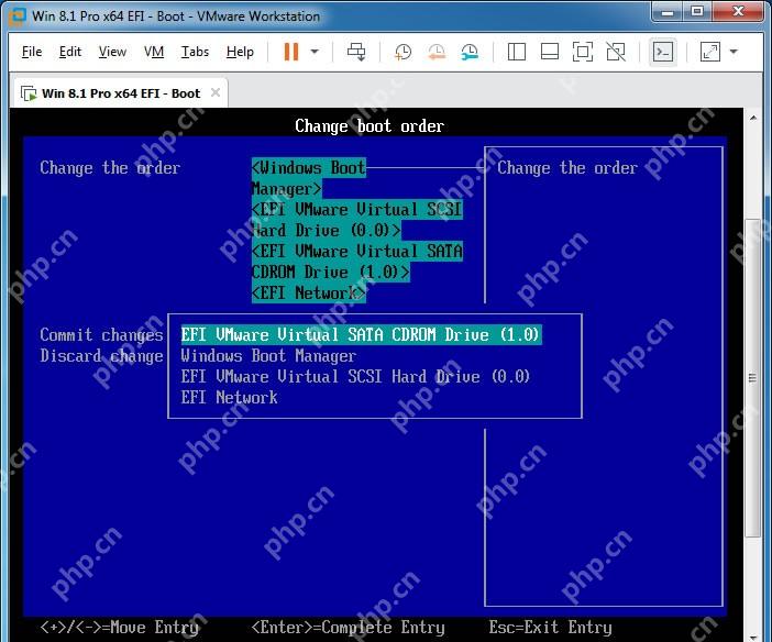 VMware Workstation UEFI Change boot order 页面移动 SATA CDROM 和硬盘顺序