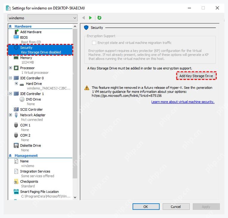 Hyper-V Security 页面提示 Add Key Storage Drive 用于加密支持