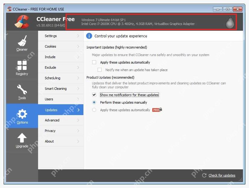 CCleaner Windows 电脑端 Options Updates 页面顶部系统信息