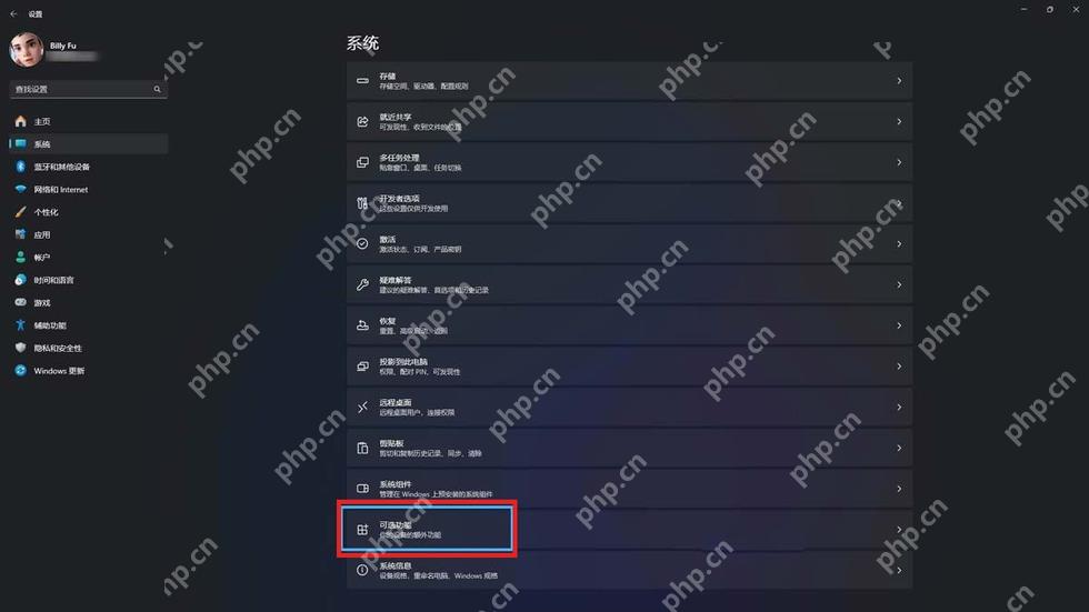 Win11 设置系统页进入可选功能准备添加字体补充功能