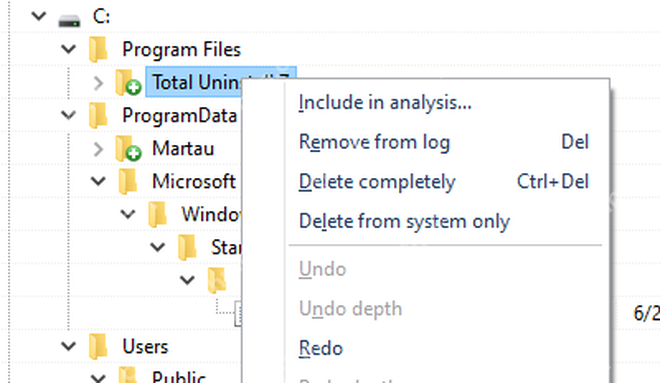 Total Uninstall Windows 变化项右键菜单处理日志项目。