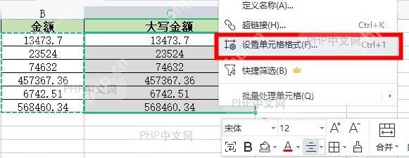 选中 Excel 中需要转换金额中文大写的金额单元格
