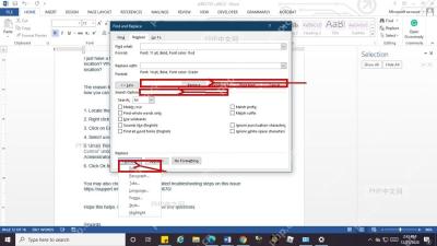 Word 查找和替换窗口中通过格式菜单进入字体设置并标出替换格式摘要
