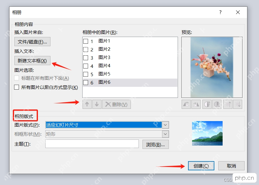WPS演示相册窗口中设置图片版式填充方式并确认创建