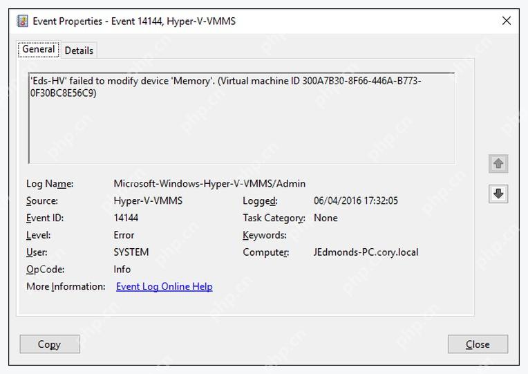 Event Viewer 中 Microsoft-Windows-Hyper-V-VMMS Admin 事件详情