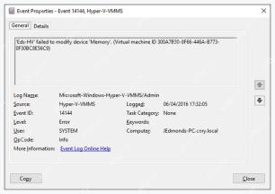 Event Viewer 中 Microsoft-Windows-Hyper-V-VMMS Admin 事件详情