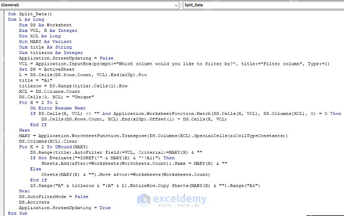 Excel VBA 编辑器中粘贴按指定列拆分多个工作表的宏代码