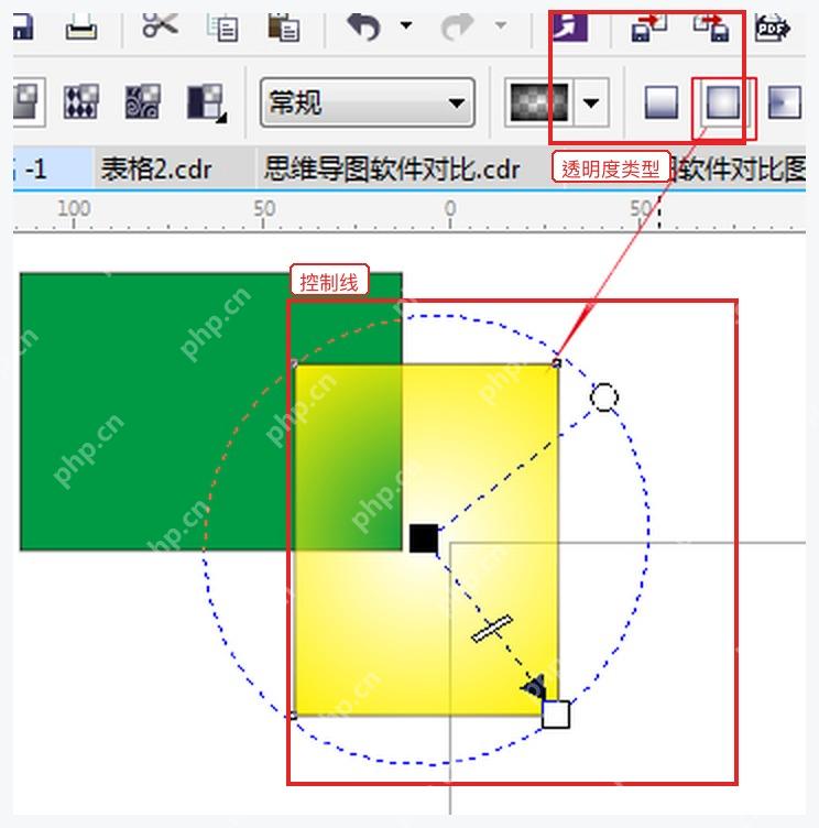 CorelDRAW 透明度控制线上的黑白节点和属性栏透明度类型