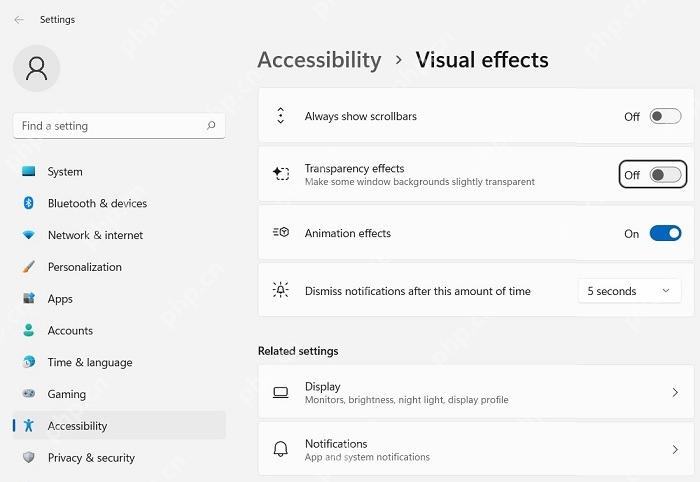 Windows 11 Accessibility Visual effects 页面中 Transparency effects 为 Off