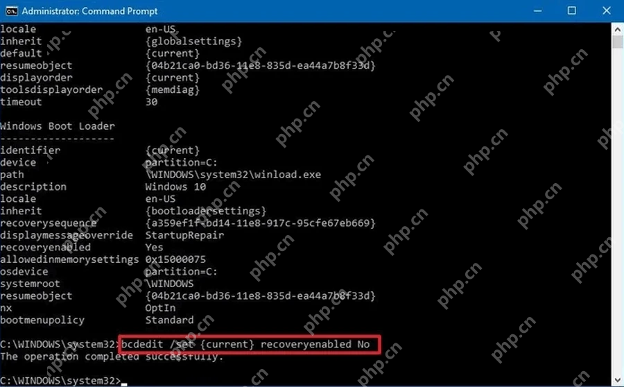 Win10 命令提示符执行 bcdedit 关闭 recoveryenabled 自动修复