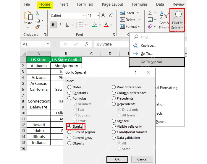 Excel 开始选项卡查找和选择菜单中打开定位条件并选择空值