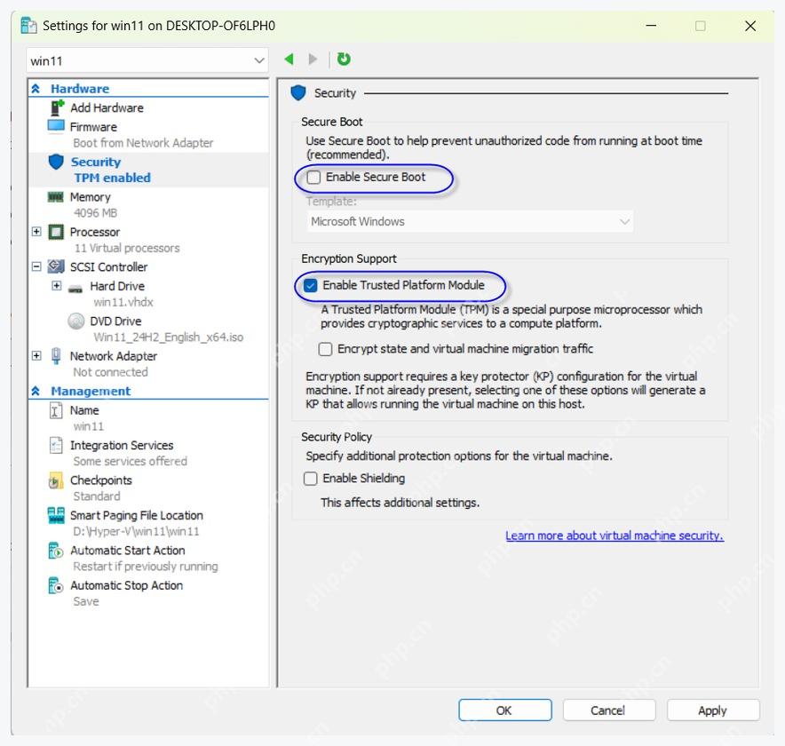 Hyper-V 虚拟机 Security 页面中 Secure Boot 和 TPM 选项位置
