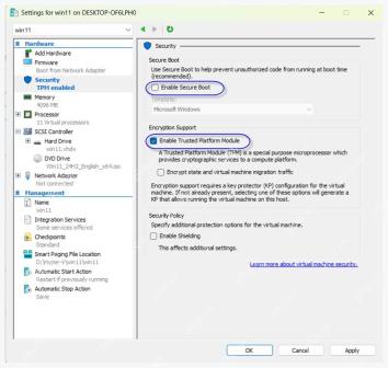 Hyper-V 虚拟机 Security 页面中 Secure Boot 和 TPM 选项位置
