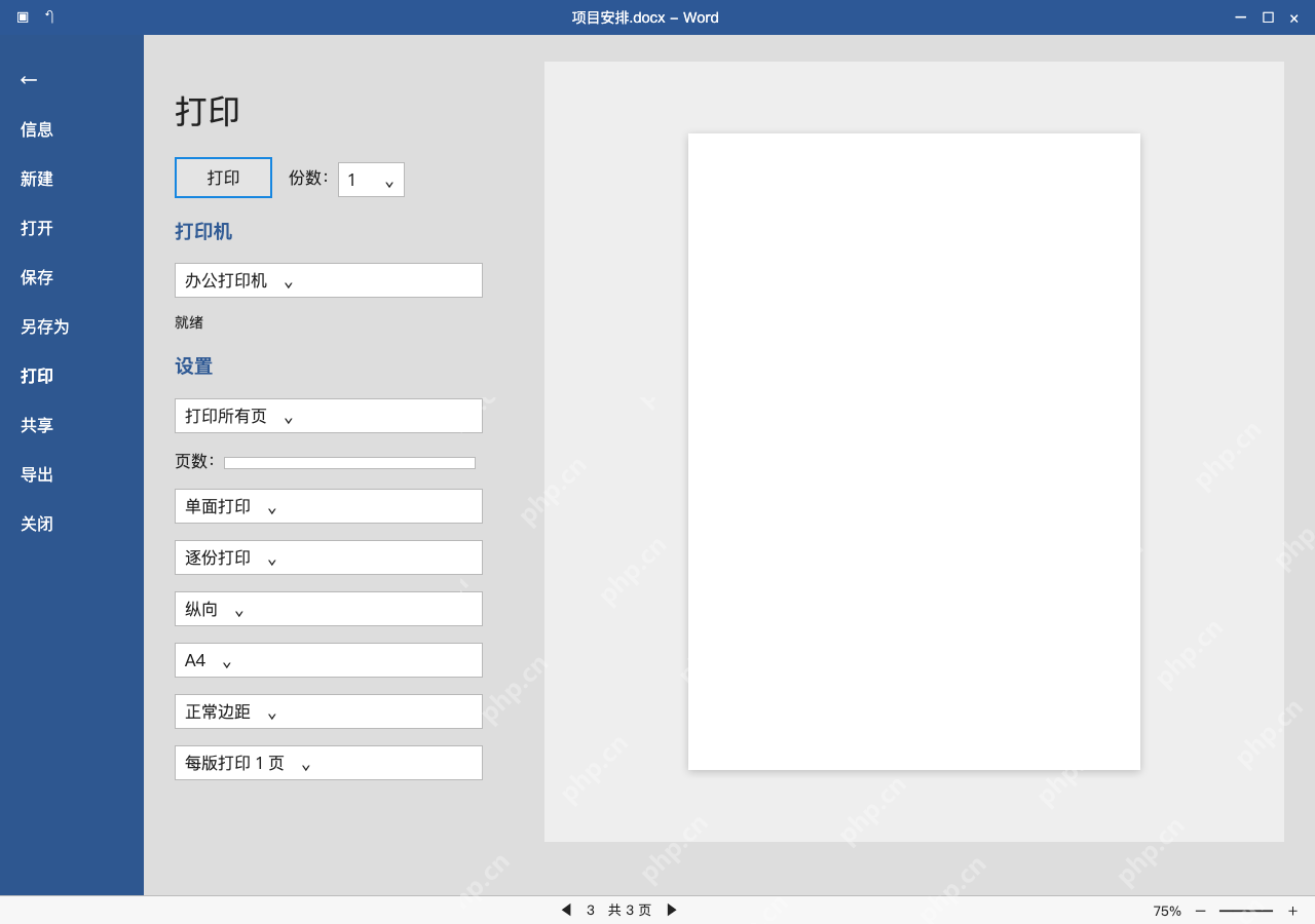 模拟 Microsoft Word 简体中文桌面版完整界面:在打印预览确认空白页位置