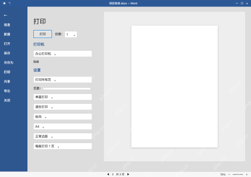 模拟 Microsoft Word 简体中文桌面版完整界面:在打印预览确认空白页位置