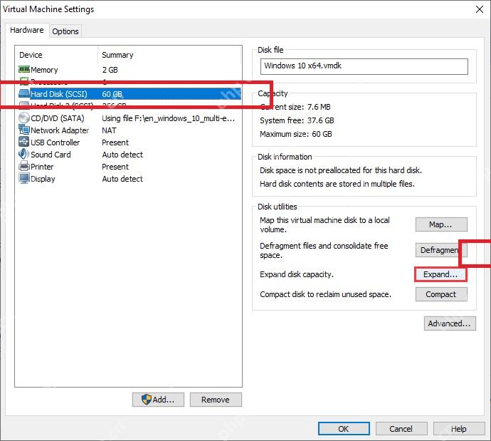 VMware Workstation Hard Disk 设置页高亮 Expand 扩展磁盘容量按钮