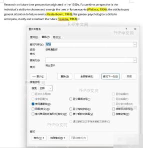 查找替换对话框中查找内容输入框已填写 ^p^w+ 代码,光标位于该输入框内