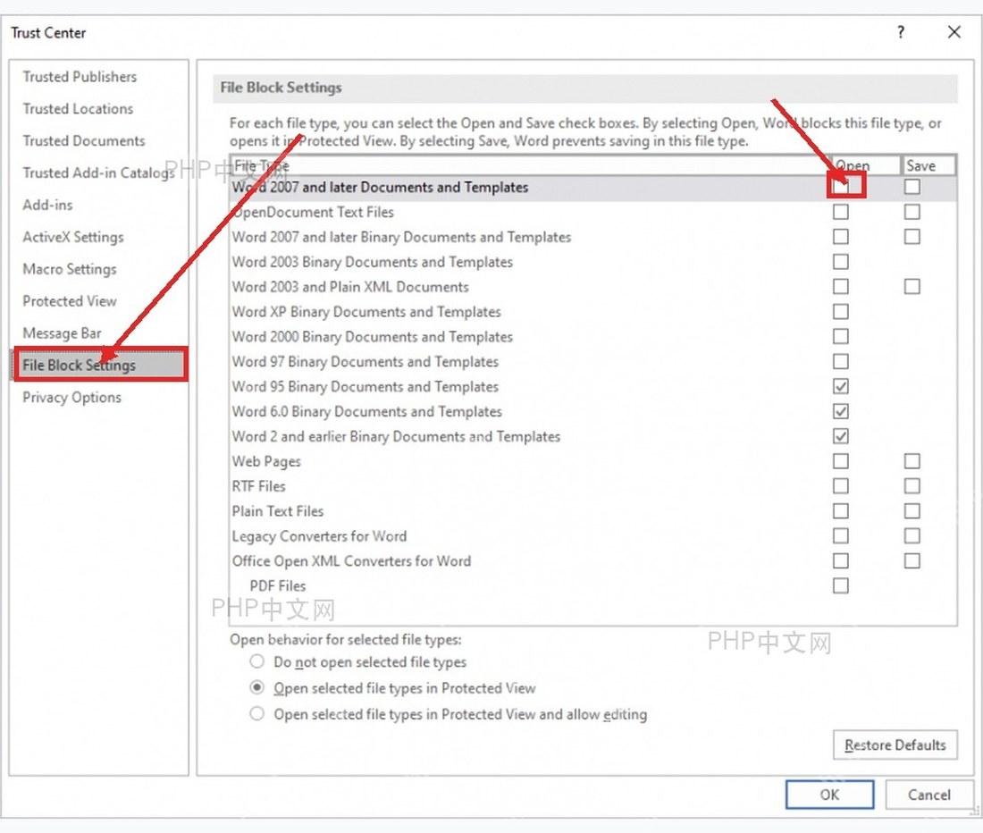 Word 信任中心的 File Block Settings 页面,用于检查 DOCX 文件阻止设置
