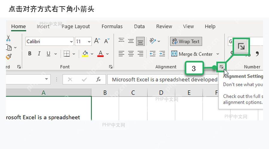 Excel 开始选项卡中对齐方式区域和设置入口