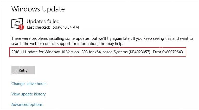 Win10 Windows Update 页面显示 Updates failed 和失败更新信息
