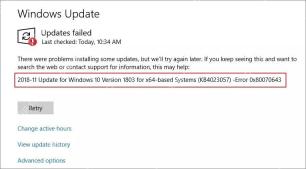 Win10 Windows Update 页面显示 Updates failed 和失败更新信息