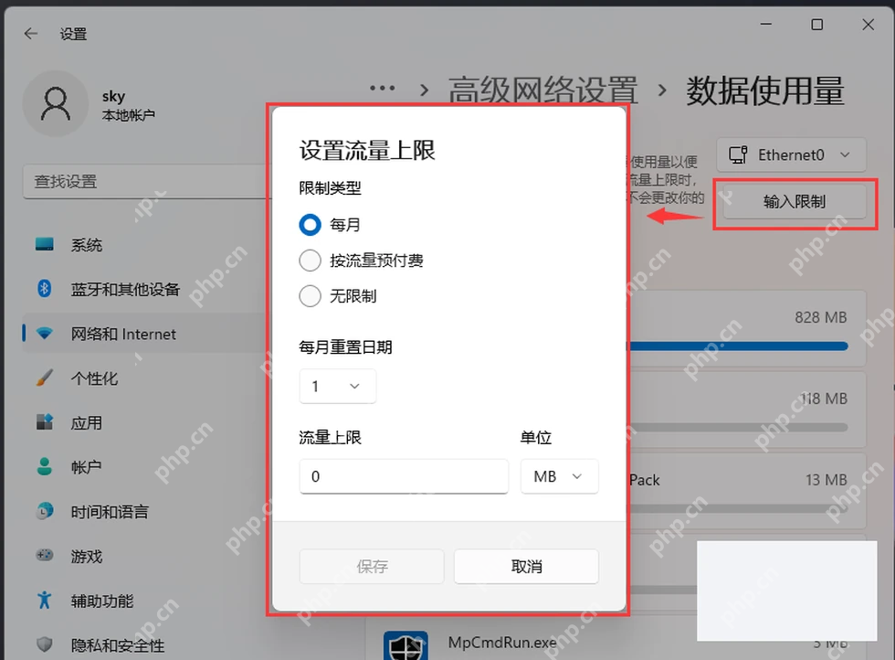 Win11 设置流量上限窗口选择每月并填写流量上限