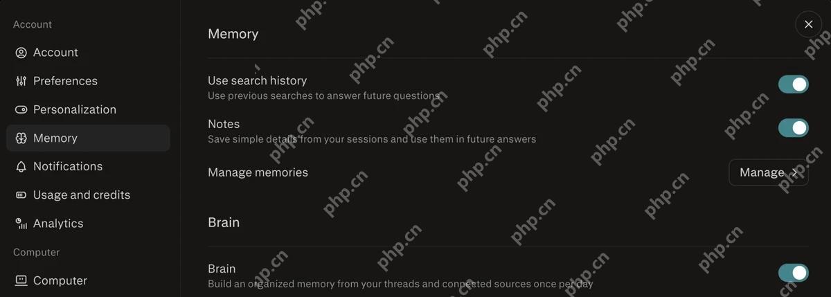 Perplexity账户Memory设置页面