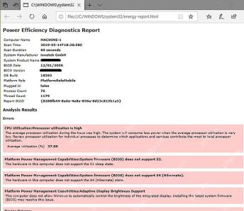 Win10 浏览器打开 energy-report.html 查看电源效率诊断结果