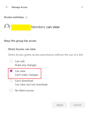 SharePoint管理访问权限中将成员权限设置为Can view