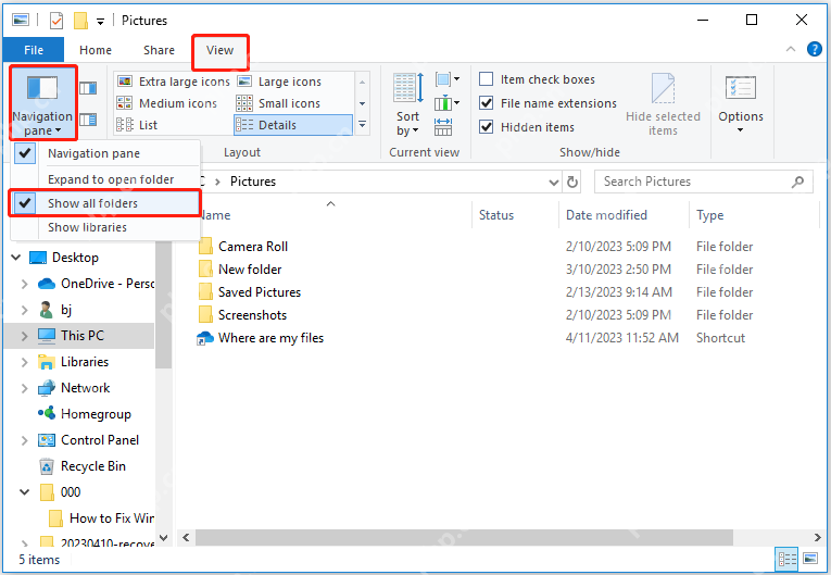 Win10 文件资源管理器查看选项卡中打开 Navigation pane 菜单