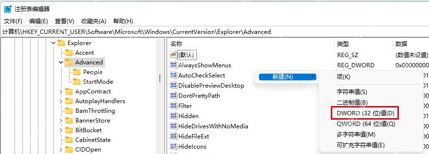 Win11 注册表 Advanced 项新建 DWORD 值