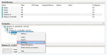 Hyper-V 管理器 Checkpoints 区域右键菜单中的 Rename 重命名检查点
