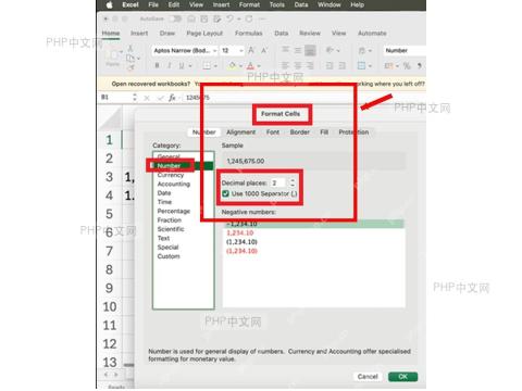 Excel 设置单元格格式窗口中在数字选项卡选择数值分类