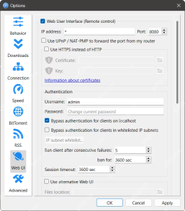 qBittorrent 在 Windows 桌面端的 Options 设置窗口,左侧选中 Web UI,顶部 Web User Interface (Remote control) 已勾选,端口为 8080,认证区域显示 admin 用户名和本机免认证选项,证明正在开启 Web 用户界面入口