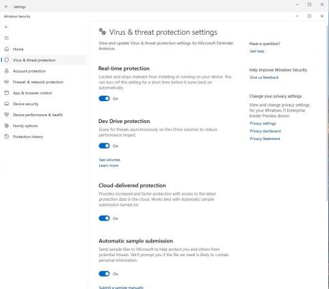 Windows 11 Windows 安全中心病毒和威胁防护中的 Dev Drive protection 开关
