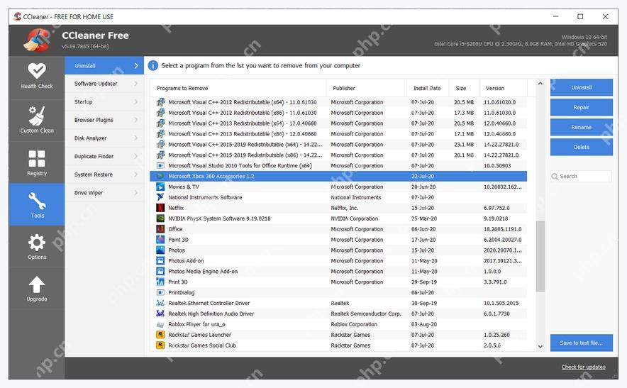 CCleaner Windows 电脑端 Uninstall 页面中的已安装程序列表和操作按钮