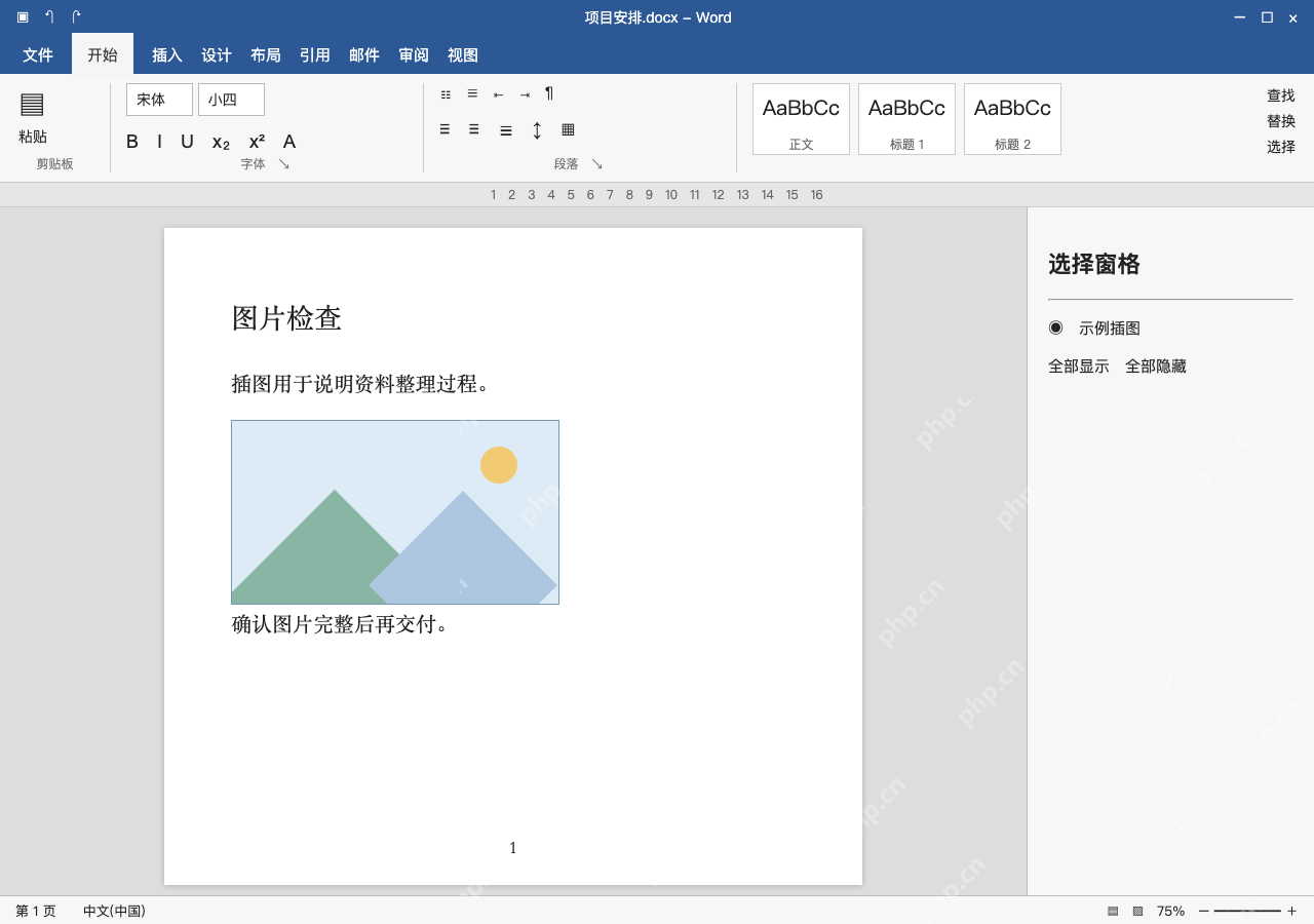 模拟 Microsoft Word 简体中文桌面版完整界面：浮动图片仍缺失，排查遮挡与隐藏